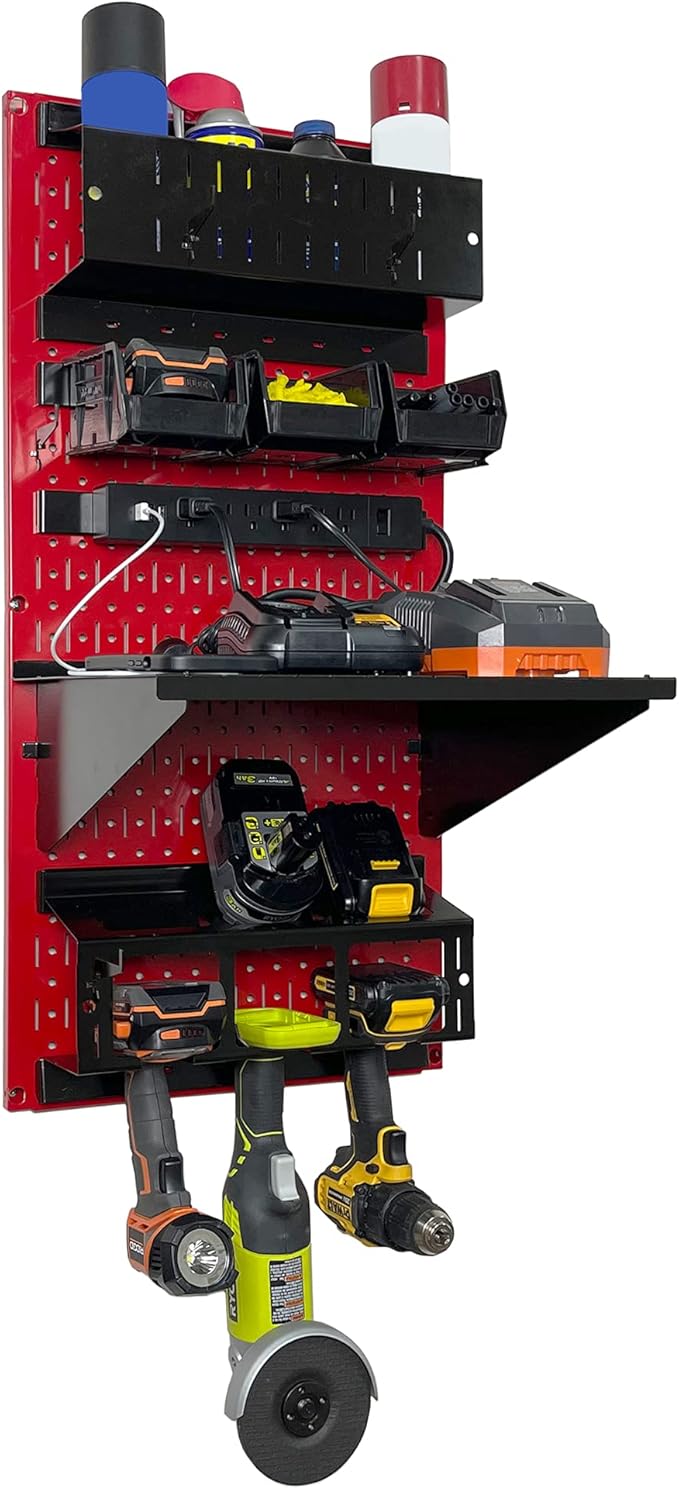 Wall Control Power Tool Storage Organizer Kit Cordless Drill Holder Charging Station Rack 16” x 32” Metal Pegboard Organization System (Red Pegboard)