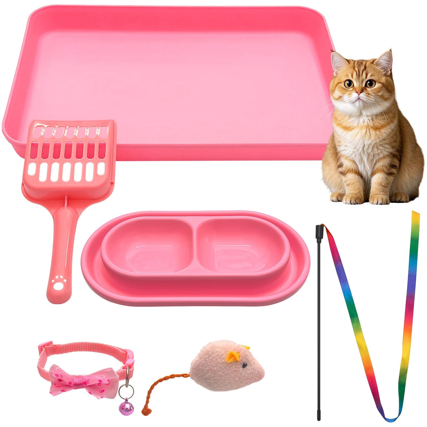 Kitten Starter Kit for Indoor Kittens, Pink Litter Box Access & Scoop, Dish Feeding Bowl, Adjustable Bell Collar, Mouse Toy - Low Entry Baby Cats Training Kits, New Kitten Essentials