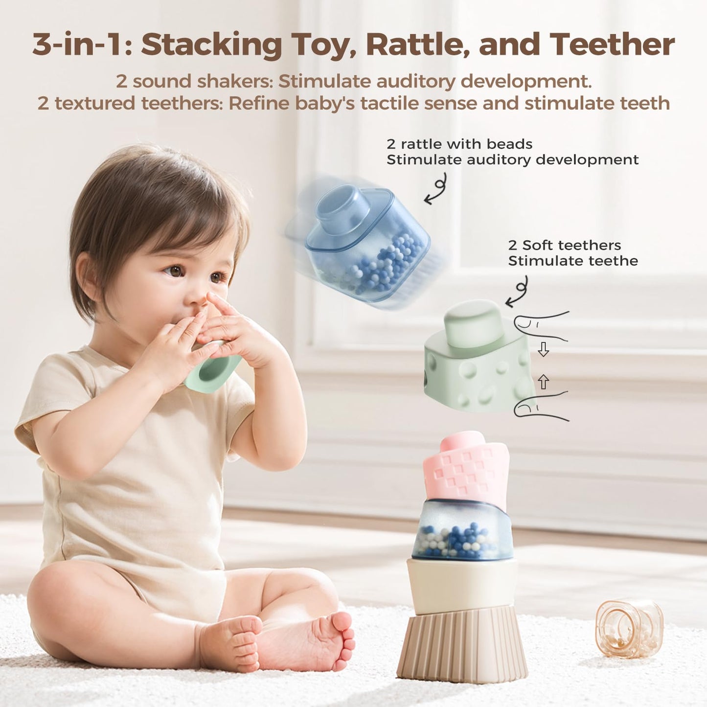 evoceler Stacking Toys for Toddlers 1-3，9° Stacking Blocks with 2 Rattles & Teethers, Soft Balance Learning Baby Toys 6-12 Months,Sensory Montessori Toy for 1 Year Old, Boys Girls Gift, 6 Blocks Set