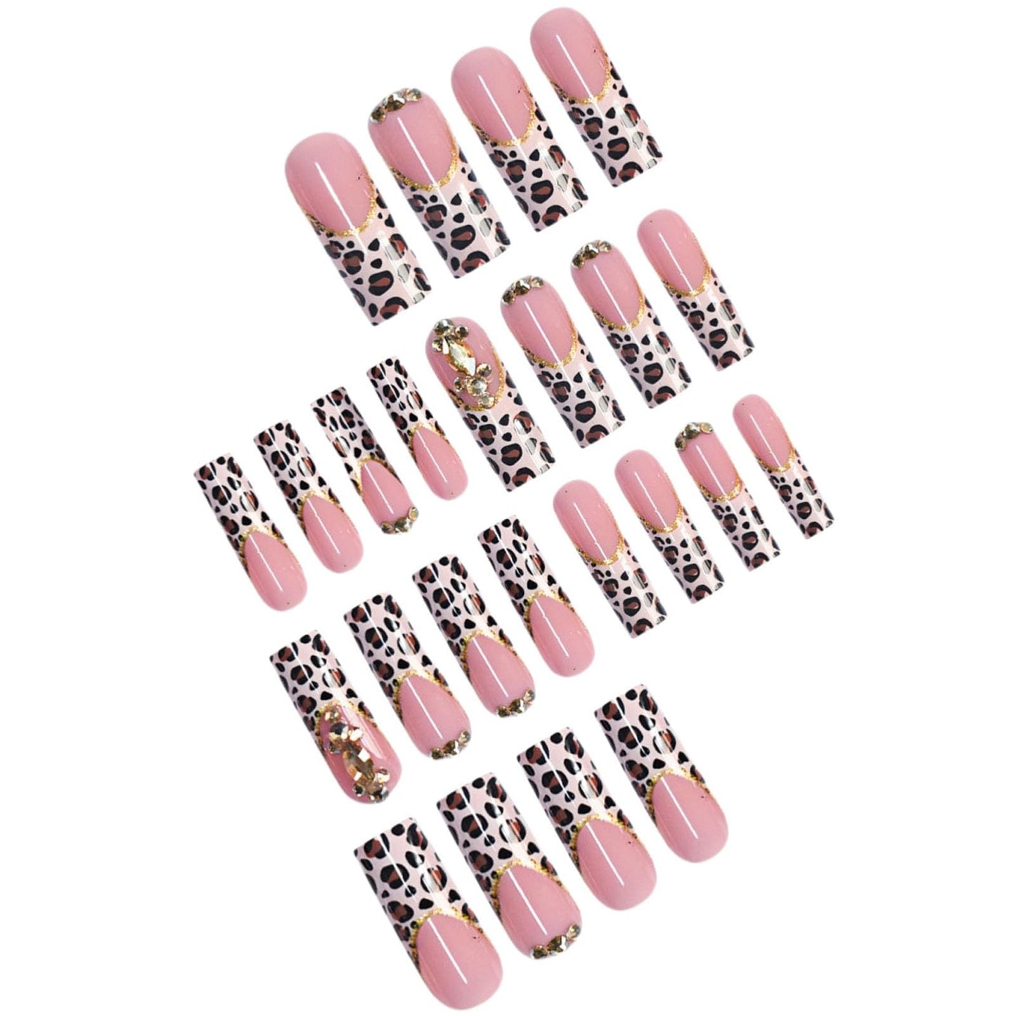 IMRAIN Long Square Press on Nails Leopard Print French Tip Fake Nails with Rhinestone Designs Brown Acrylic False Nails Glossy Fall Glue Stick on Nails for Women 24Pcs