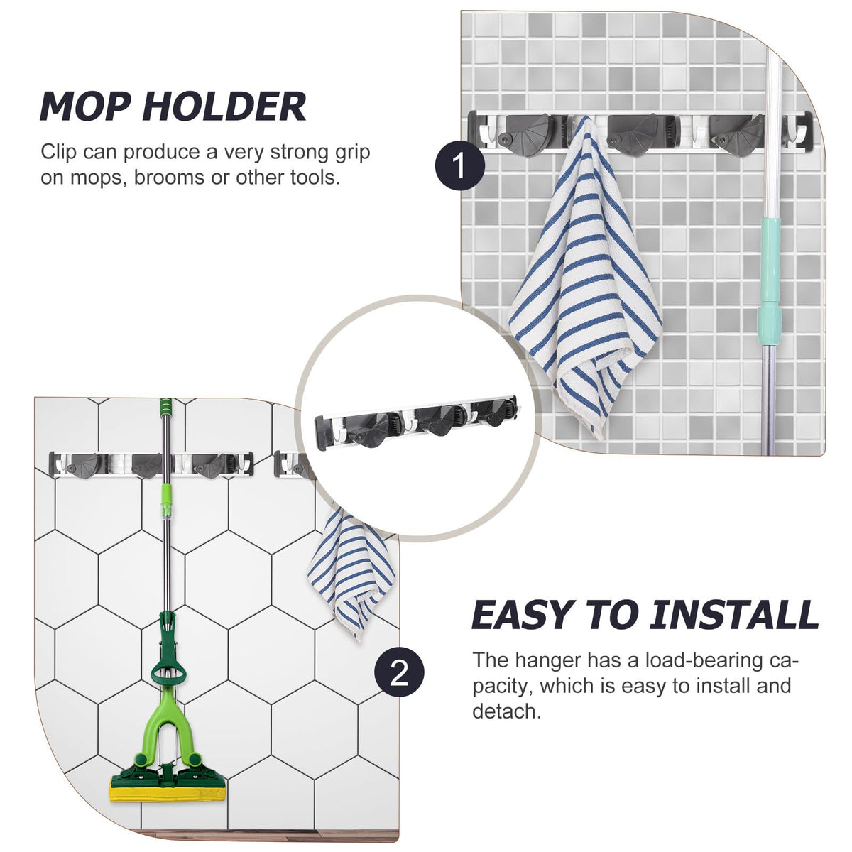 Wall Mounted Mop Rack with 4 Hooks