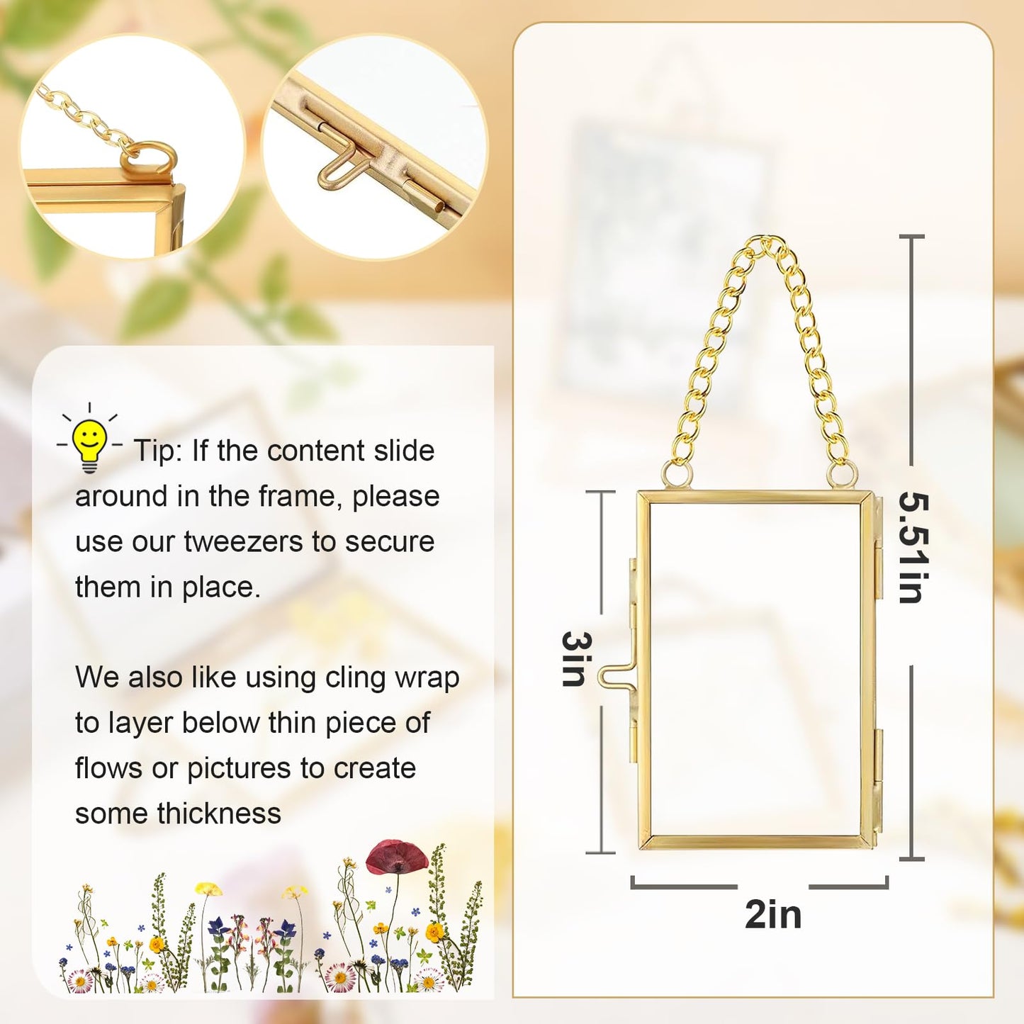 FOCHIER F 4 Pcs Pressed Flower Frame with Tweezers, Wall Hanging Tabletop Display Double Glass Frames with Metal Chain for Pressed Dried Flowers Plants, Horizontal and Vertical Picture Frame, Gold, FRAMES ONLY