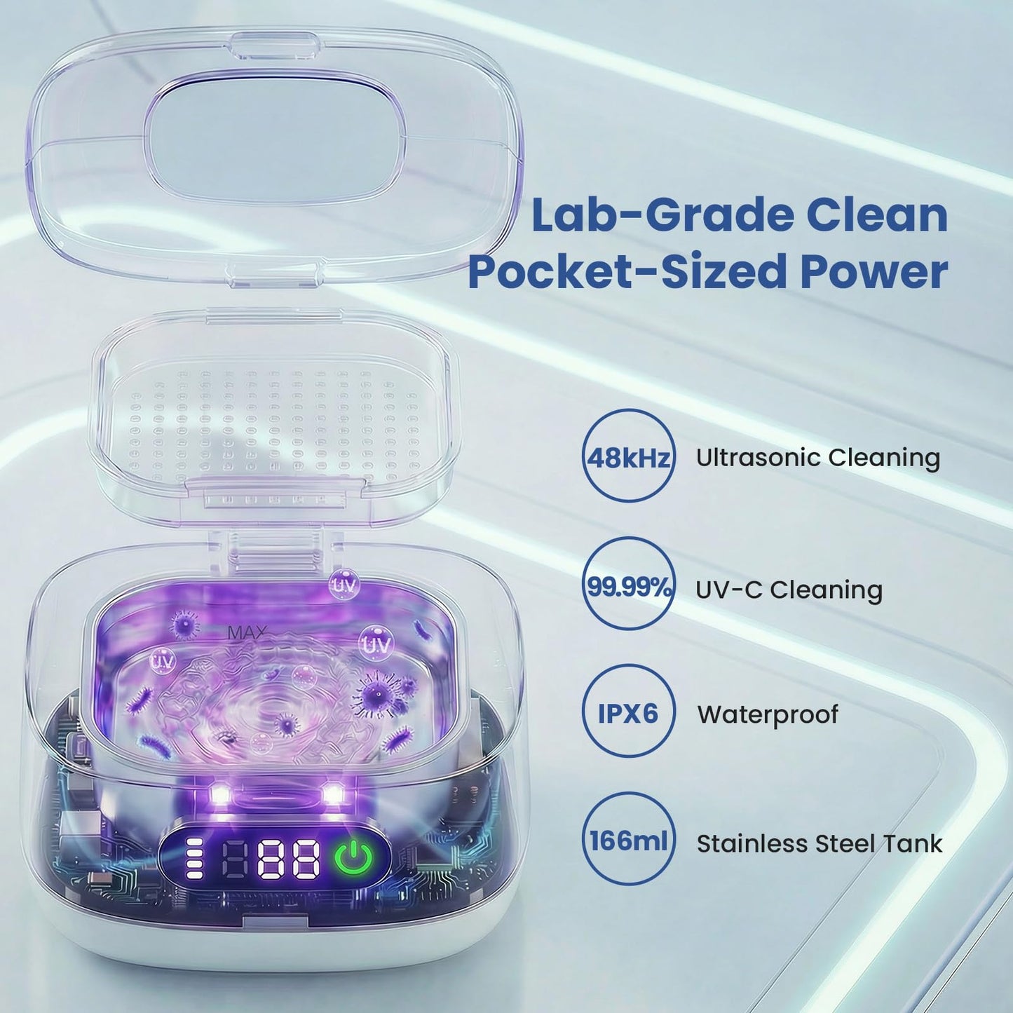 ELFOIS Portable Ultrasonic Retainer Cleaner with UV - Cordless Rechargeable Cleaner Machine for Invisalign, Aligners, Night Guards, Dentures | Travel-Ready with Built-in Mirror
