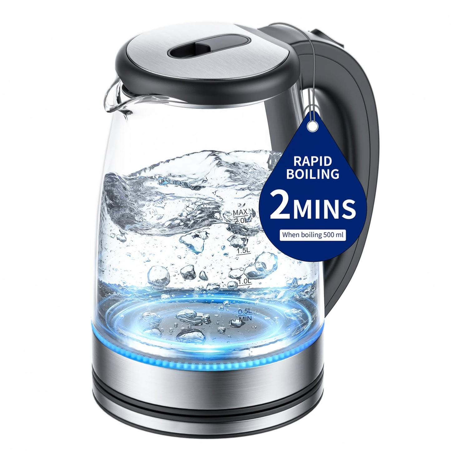 Electric Kettle Glass 2L, 1500W Fast Boiling Hot Water Boiler with Auto Shut-Off, LED Light, BPA-Free, Borosilicate Glass, Stainless Steel Interior, Wide Opening, Display Refrigerator with Door 04