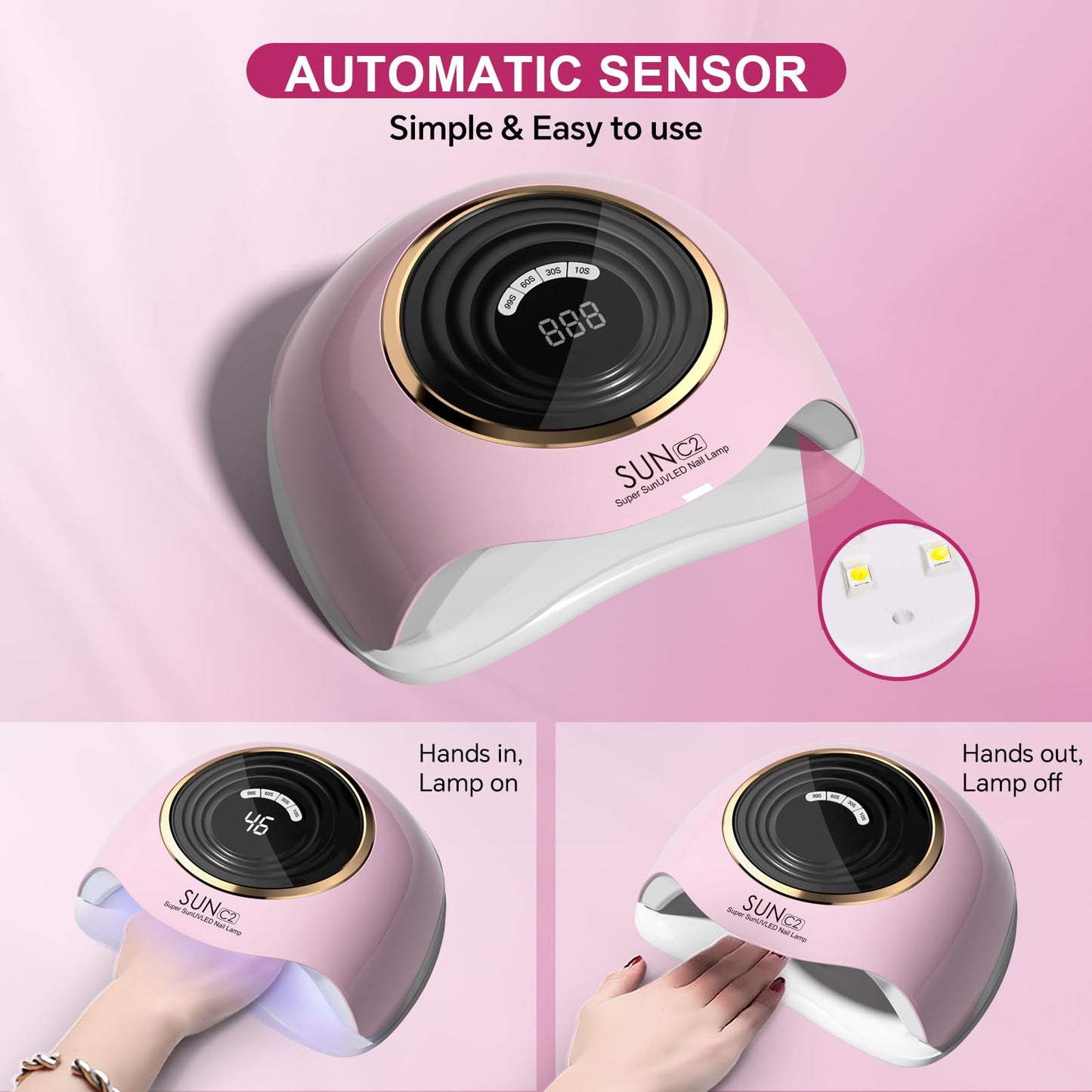 WEVILI 288W Professional UV LED Nail Lamp with 63 Beads - Fastest Gel Curing Dryer for Home & Salon, Smart Sensor, LCD Display & 4 Timers, Pink Salon-Grade Light