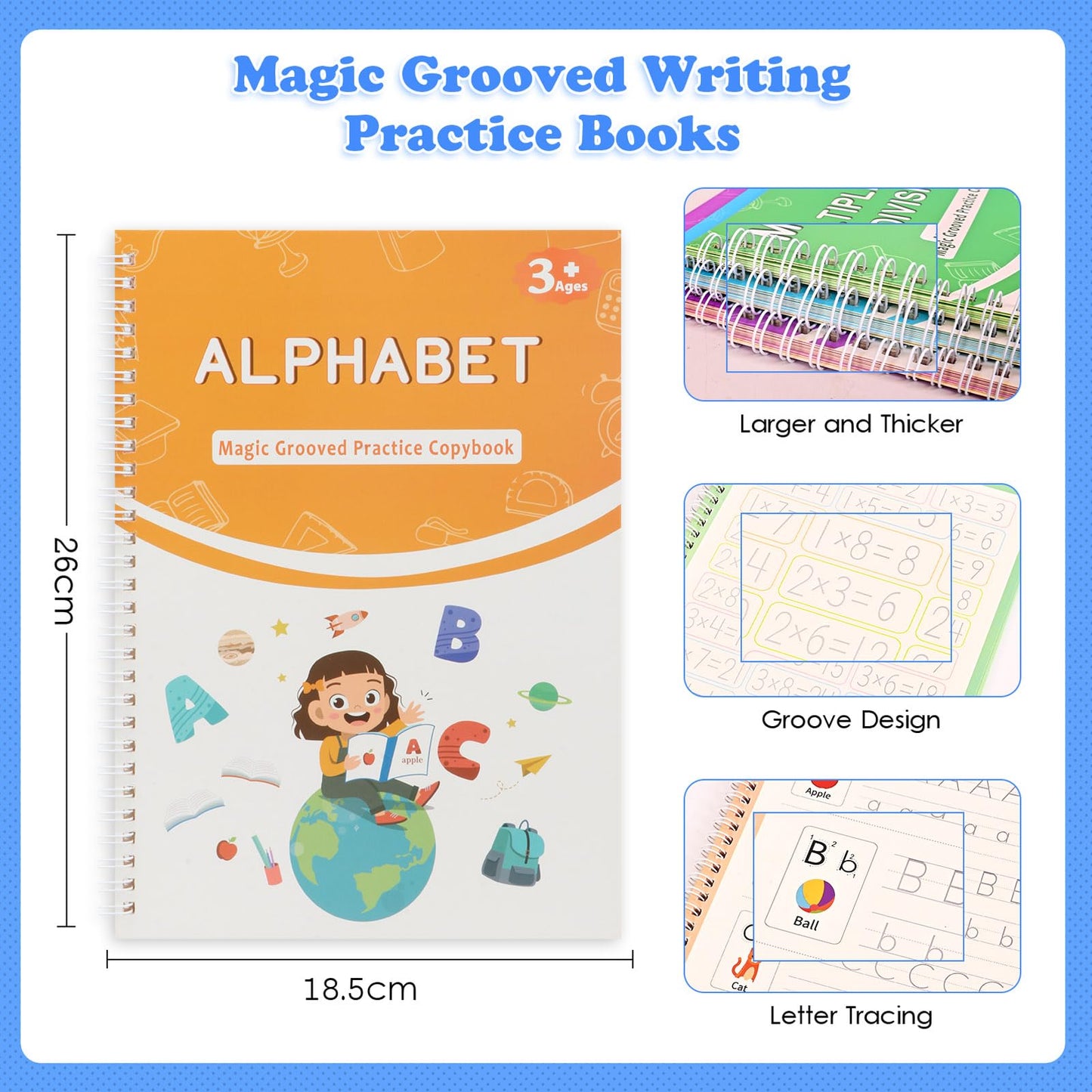 AALGO Magic Grooved Handwriting Practice Book for Kids Ages 3–8, Reusable Letter Tracing Book with Disappearing Ink, Preschool Activity Books, 3D Groove Writing for Early Learning & Fine Motor Skills