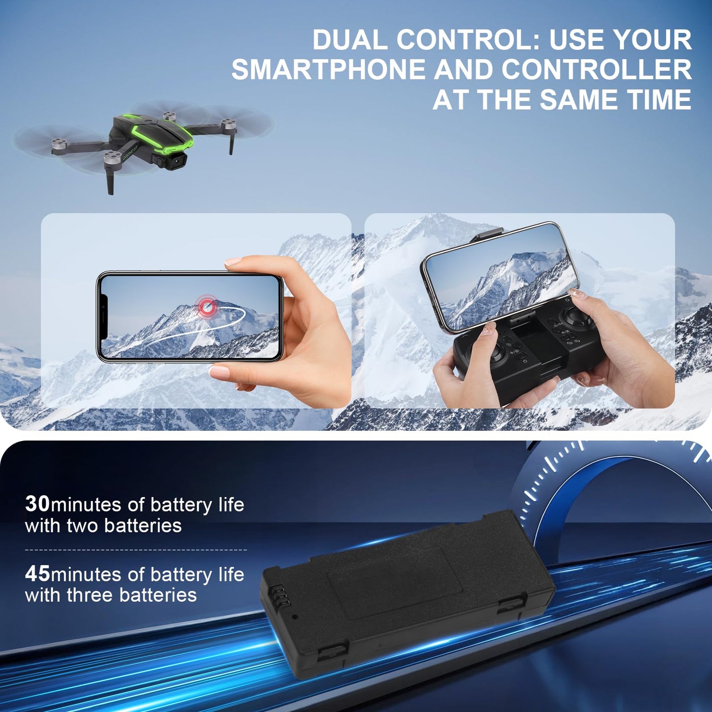 Drone with Camera for Adults, 2 Batteries 33-Min Flight, Optical Flow Positioning, One-Touch Takeoff/Landing, Altitude Hold, rc camera drone, Beginners Drone for Kids, teen boy gifts