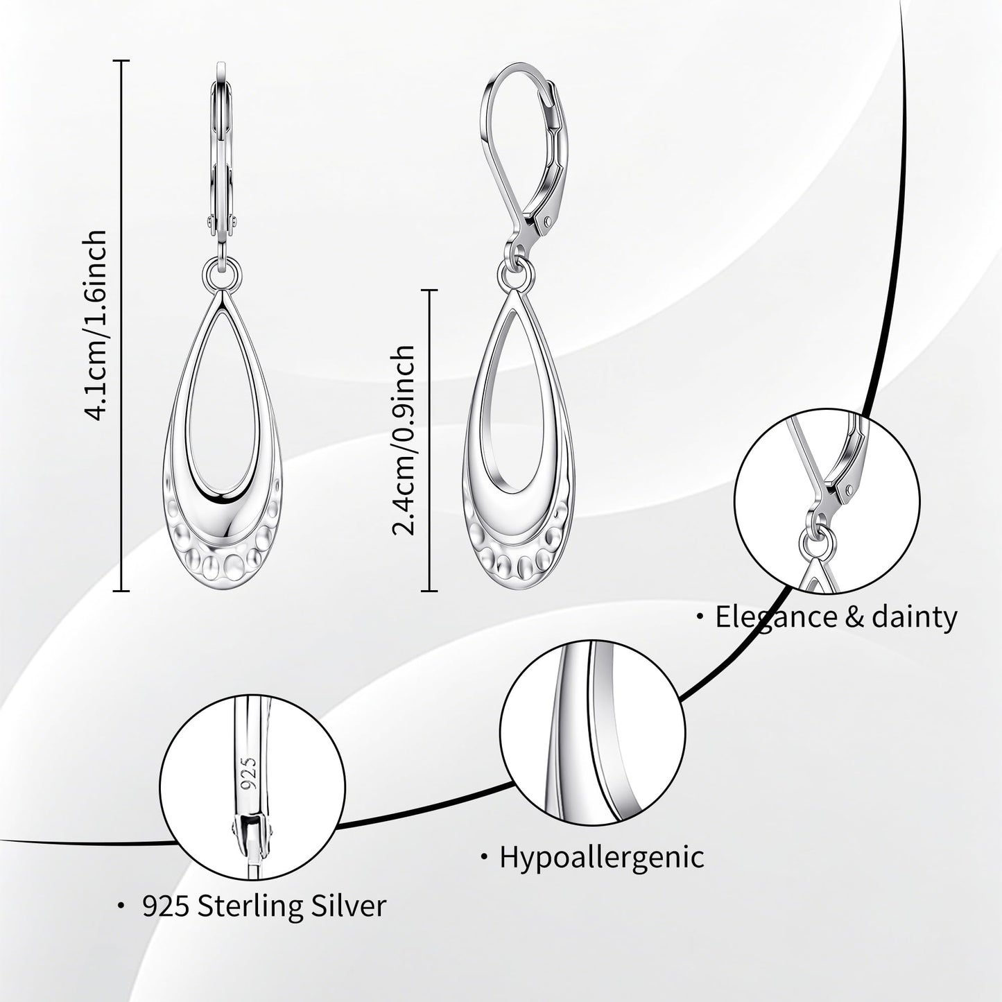 Teardrop Earrings for Women Sterling Silver Leverback Earrings Hypoallergenic Silver Dangle Drop Earring (Filigree-A-G)