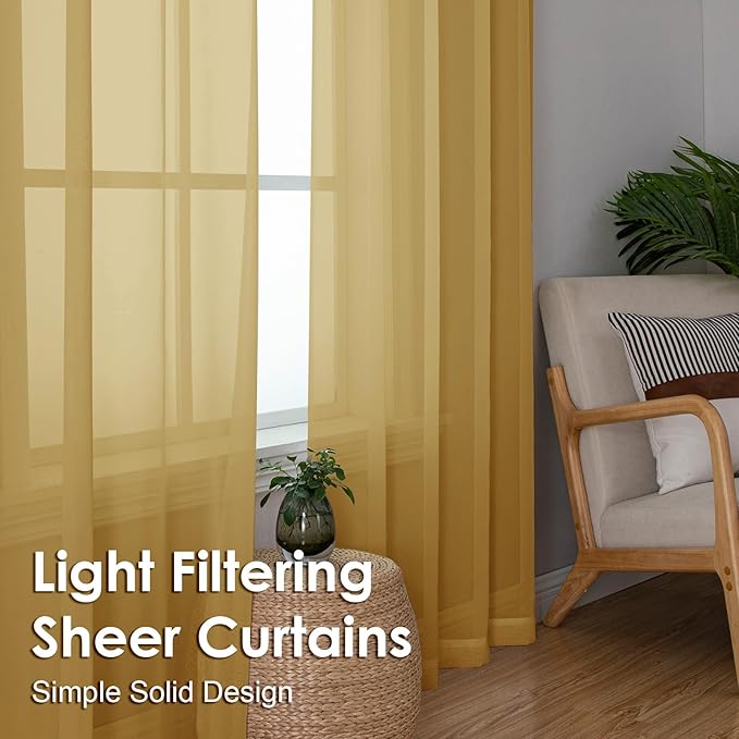 OVZME Gold Sheer Curtains 90 Inches Long 2 Panels - Soft Light Filtering Window Sheer Panels for Living Room/Bedroom, Top Dual Rod Pocket, 1 Pair, Each 42Wx90L Inches