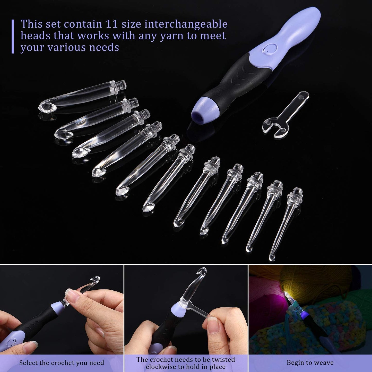 Chuangdi 11 Sizes Lighted Crochet Hooks Set Rechargeable Crochet Hook Light up Hooks with Case, Interchangeable Heads 2.5 mm to 8 mm for DIY Craft Supplies(Purple-Black)