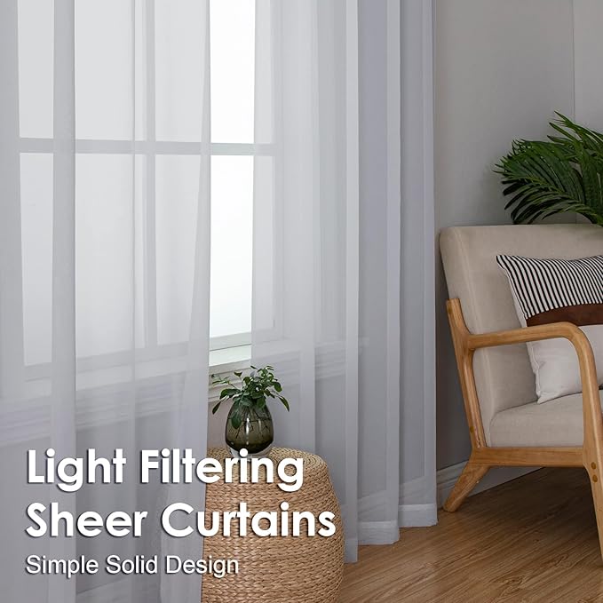 OVZME Light Grey Sheer Curtains 96 Inches Long 2 Panels - Soft Light Filtering Window Sheer Panels for Living Room/Bedroom, Top Dual Rod Pocket, 1 Pair, Each 42Wx96L Inches