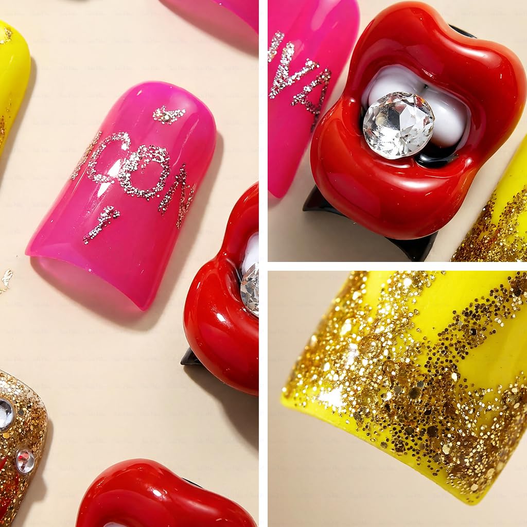 IntoVibes 10 Pieces Luxury Acrylic Press On Nails Short Handmade Duck Nails, Pink Thickened False Nails, Rhinestone And 3D Red Lips, Reusable Fake Nails, Acrylic Nails (L)