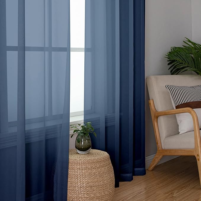 Simplebrand Navy Blue Sheer Curtains 90 Inches Long 2 Panels, Light Filtering Rod Pocket Solid Color Window Sheer Curtain Panels, Elegant Curtains & Drapes for Living Room, Bedroom, 42" W x 90" L