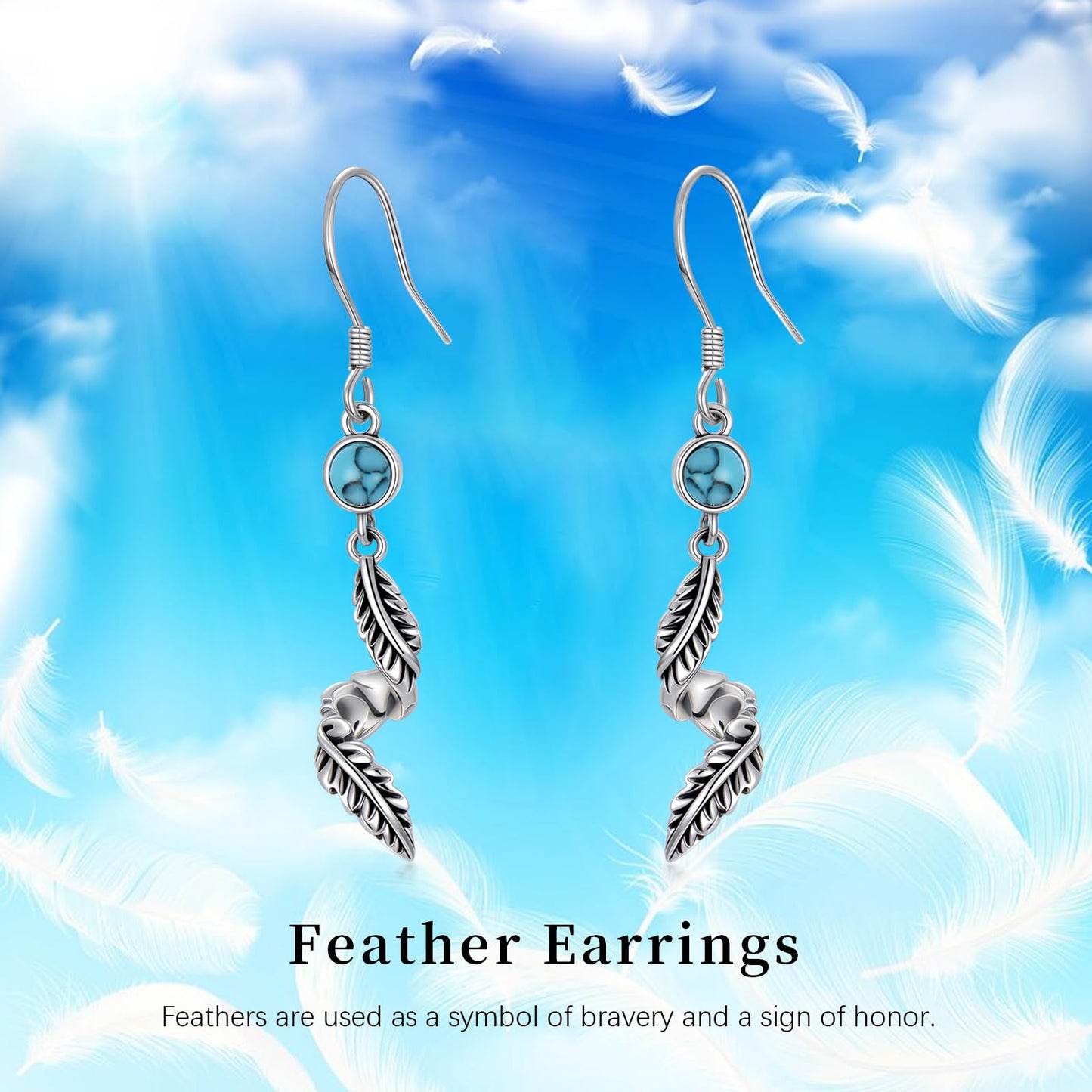 KoyeKei Feather Dangle Drop Earrings for Women 925 Sterling Silver Feather Turquoise Vintage Dangling Earrings Western Country Jewelry Boho Gifts