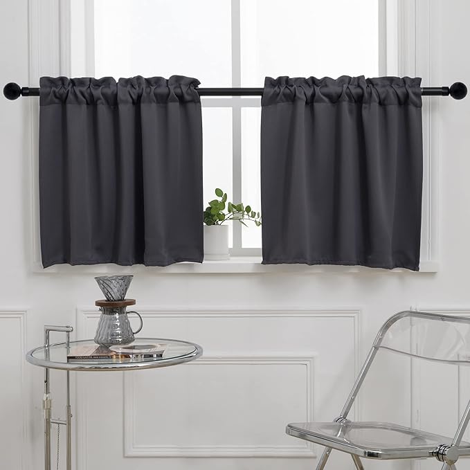 Pickluc Blackout Kitchen Curtain 24 Inches Long, Rod Pocket Cafe Tier Curtains for Small Window Treatment in Living Room, Basement, RVs, Cabinets, 2 Panels, W24 X L24 Inch, Dark Grey