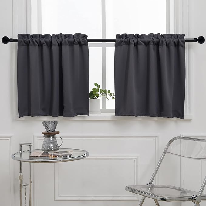 Pickluc Blackout Kitchen Curtain 20 Inches Long, Rod Pocket Cafe Tier Curtains for Small Window Treatment in Living Room, Basement, RVs, Cabinets, 2 Panels, W24 X L20 Inch, Dark Grey