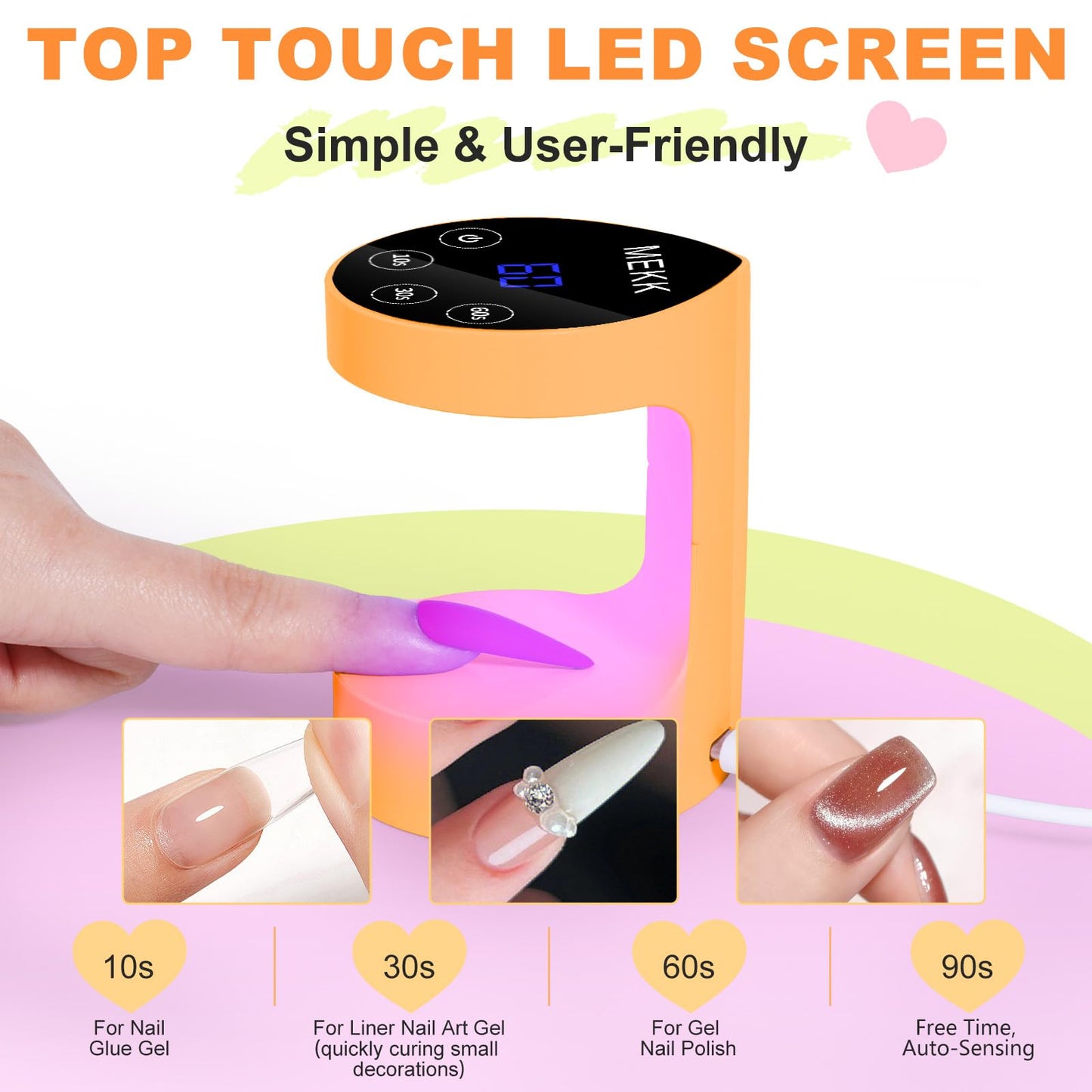 MEKK Mini UV Light for Nails,Peach-Shaped Mini LED Nail Lamp with Auto-Sensor,8 Beads,4 Timer,Professional Single Finger UV Light for Gel Nails Small Gel Nail Lights for Travel & Home Use-Orange