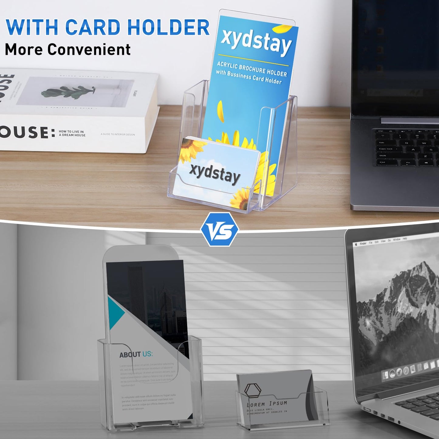 xydstay 4x9 Acrylic Brochure Holder with Business Card Holder, Clear Display Stand, Plastic Table stand Sign Holder, Pamphlet Holder Flyer Holder, Acrylic Display Stand for Office, Home, Store, 2 Pack