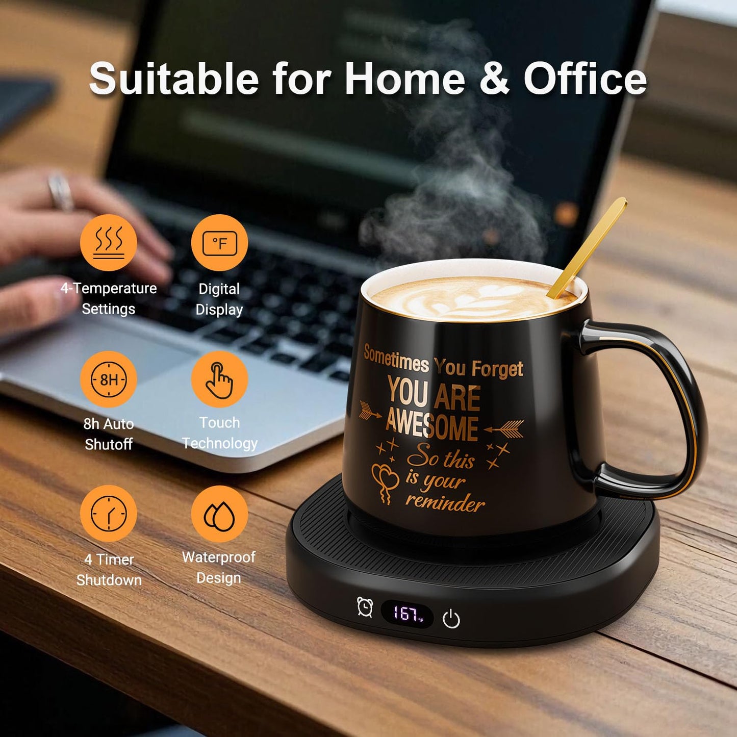 Coffee Mug Warmer & You are Awesome Mug Set, Electric Cup Warmer with Auto Shut Off, 4 Temperature Setting Smart Beverage Warmer, 8-Hours Auto Shut Off (Black Awesome Mug)