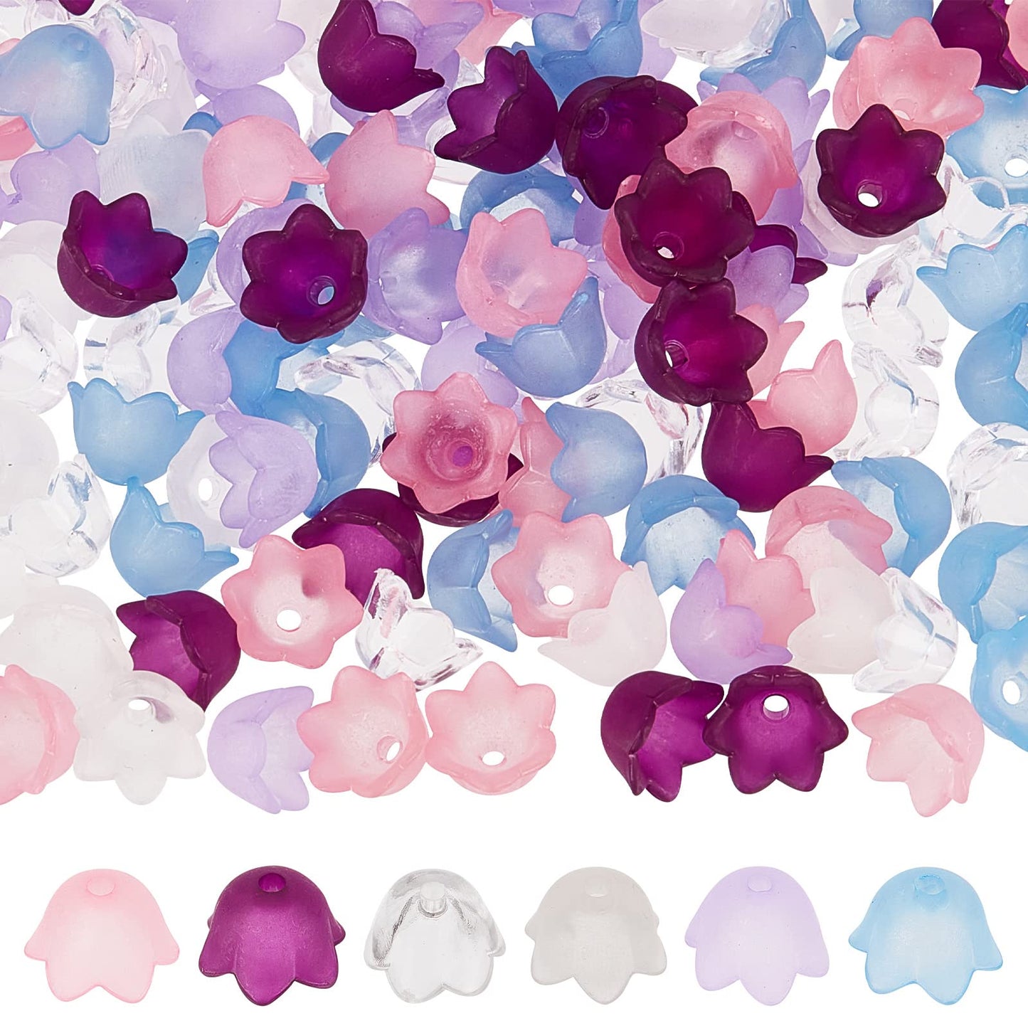 SUNNYCLUE 1 Box 600Pcs 6 Colors Acrylic Bead Caps Flower Bead Cap Flower Beads Acrylic Frosted Bell Tulip Flowers Lily Beads Floral Spacer Loose Bead for Jewelry Making Women Adult DIY Crafts