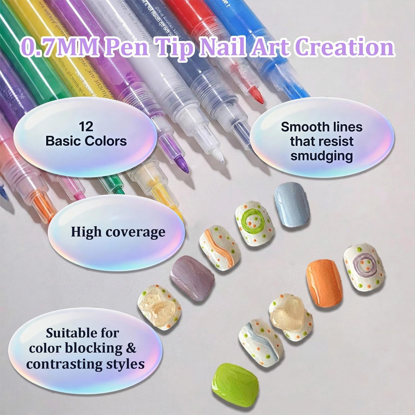 12 Colors Nail Art Pens Set, 0.7MM Quick-dry Nail Art Markers, Multi Purpose Acrylic Paint Pens Kit for Drawing & Home Salon Nail DIY