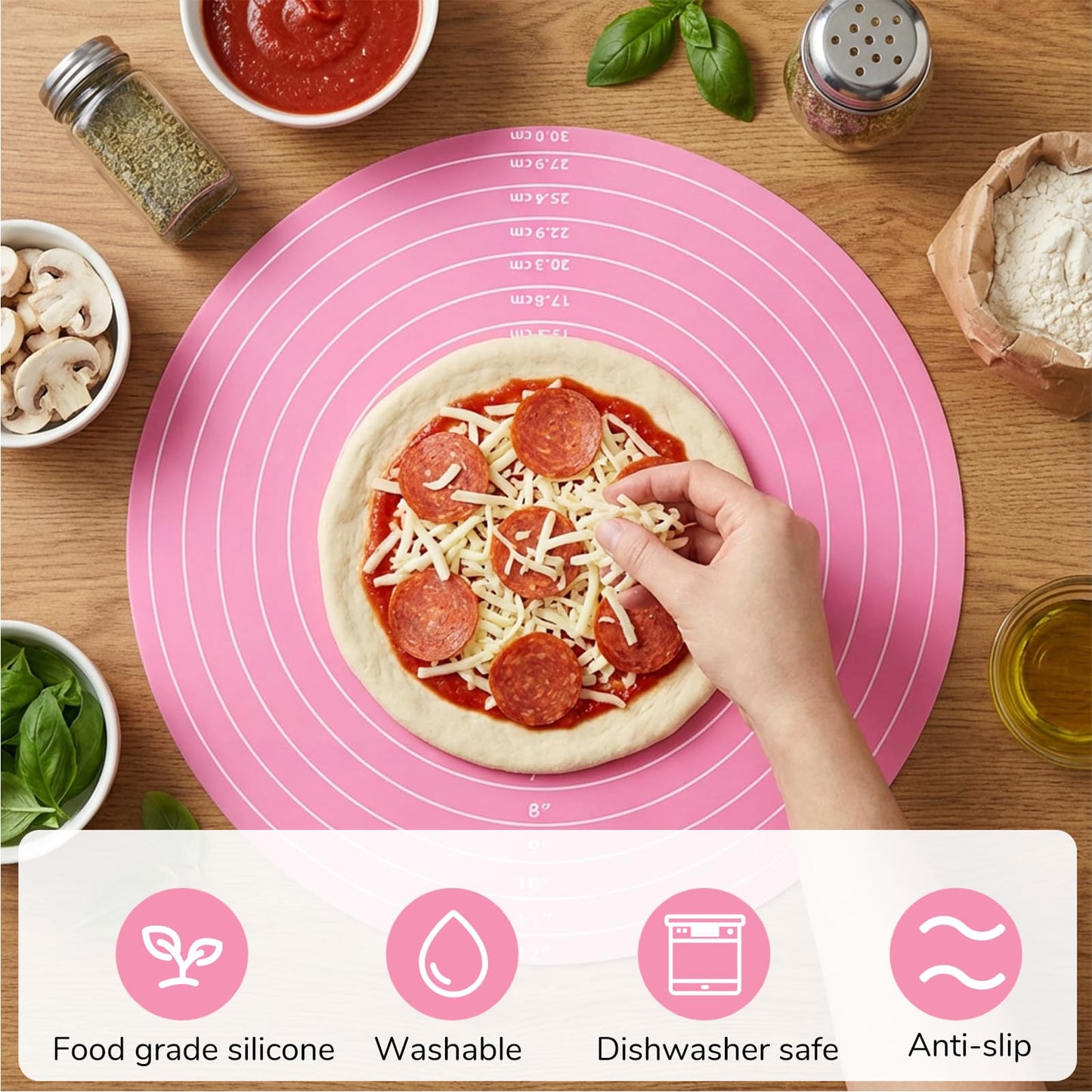 TIESOME 3 Pcs Round Silicone Baking Mat, 12 Inch (30cm) Silicone Rolling Mat With Measurements, Reusable Non-Stick Heat Resistant Baking Sheet for Dough, Fondant, Cookie & Pizza (Blue Pink Green)