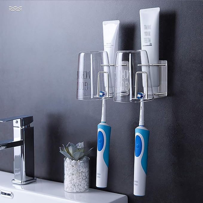HANZE Toothbrush Holder, 304 Stainless Steel Adhesive Wall Mounted Toothbrush Holder with 3-in-1 Function: Toothpaste, Toothbrush, and Rinse Cup Organizer - Black
