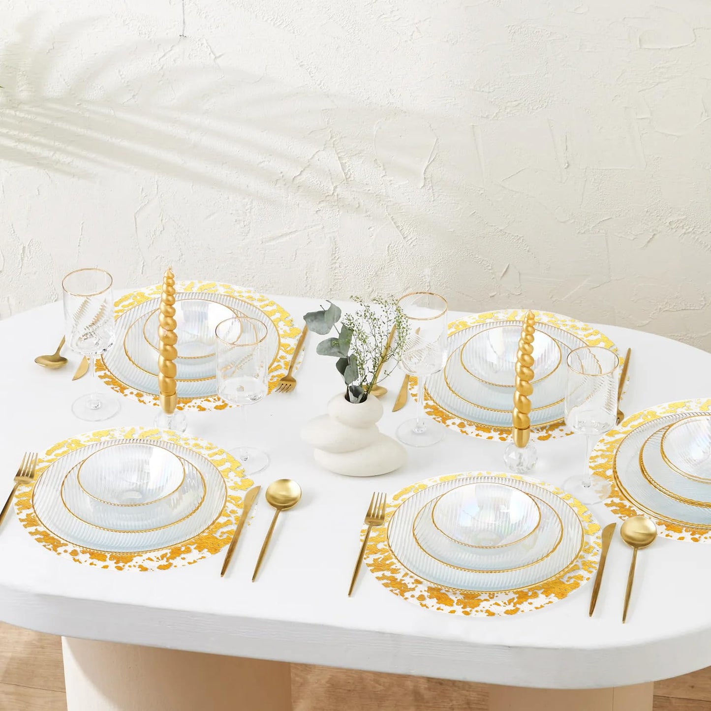 KesaPlan 100 PCS Disposable Gold Placemats Set, 13" Metallic Round Doilies for Tables, Gold Foil Mesh Pressed String Table Mats, Thin Mesh Decorative Doilies for Wedding, Holiday, Party, Christmas