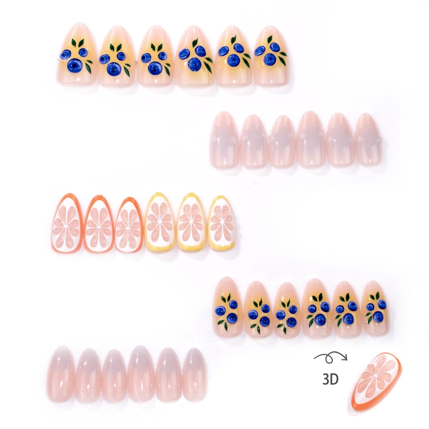 Medium Press on Nails Almond Fake Nails Yellow Artificial Nail Blueberry Orange Slice Water Drop Fruit Floral Glossy Summer Design Stick on Nail for Women 30pcs