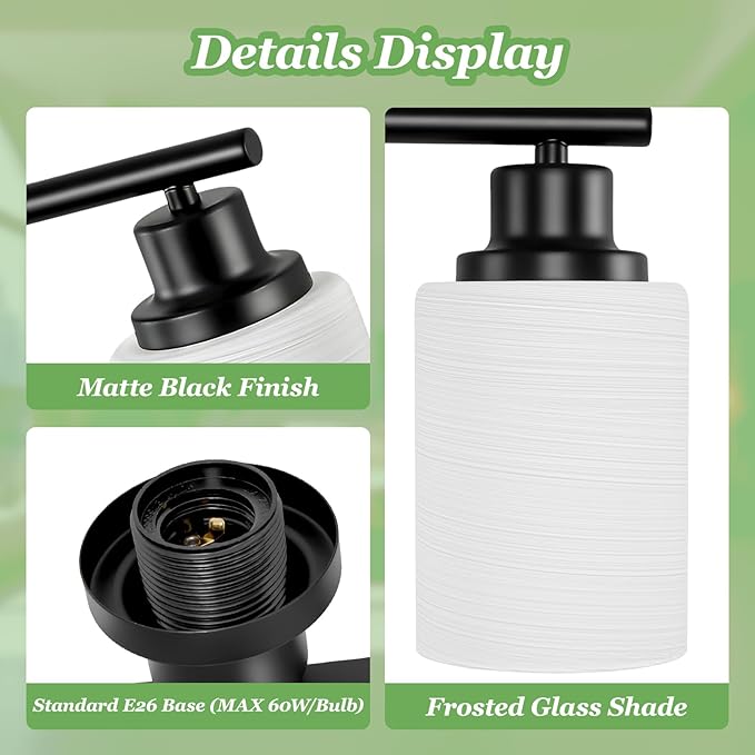 Guliaofo 8-Light Vanity Lights, Black Bathroom Light Fixture with Striped Textured Milky White Glass Shade, Modern Vanity Lighting Fixture for Bathroom Wall Light Over Mirror, E26 Wall Sconce