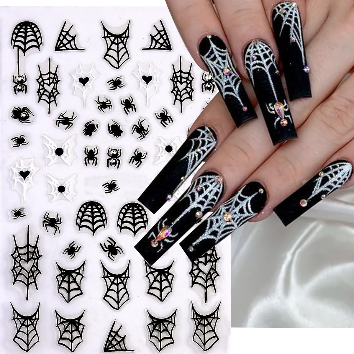 4 Sheets Halloween 5D Embossed Spider Nail Stickers for Nail Art Exquisite Glitter Rhinestones Nail Design Stickers Self-Adhesive Evil Eye Nail Decals Holiday Nail Art Decoration for Women DIY Set