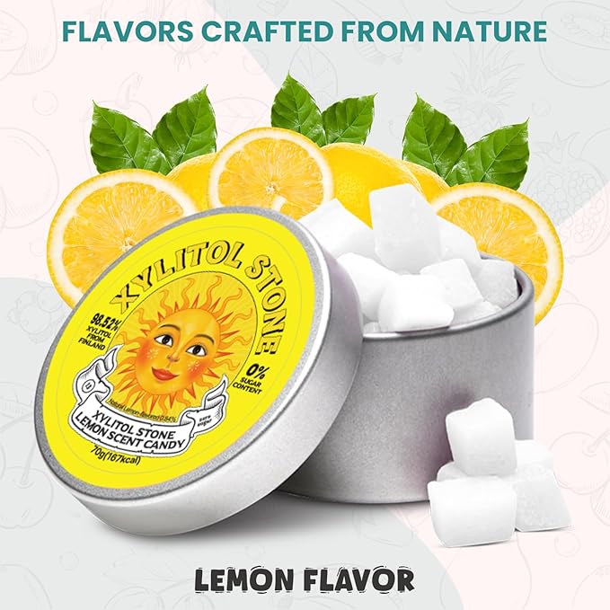 Xylitol Stone Sugar Free Candy - Vegan & Keto Friendly Unique Hard Candy Sugar-Free - 100% Natural Flavor Candies - Gluten Free & Non-GMO Breath Freshener Low Calorie Mints - Lemon (Pack of 2)