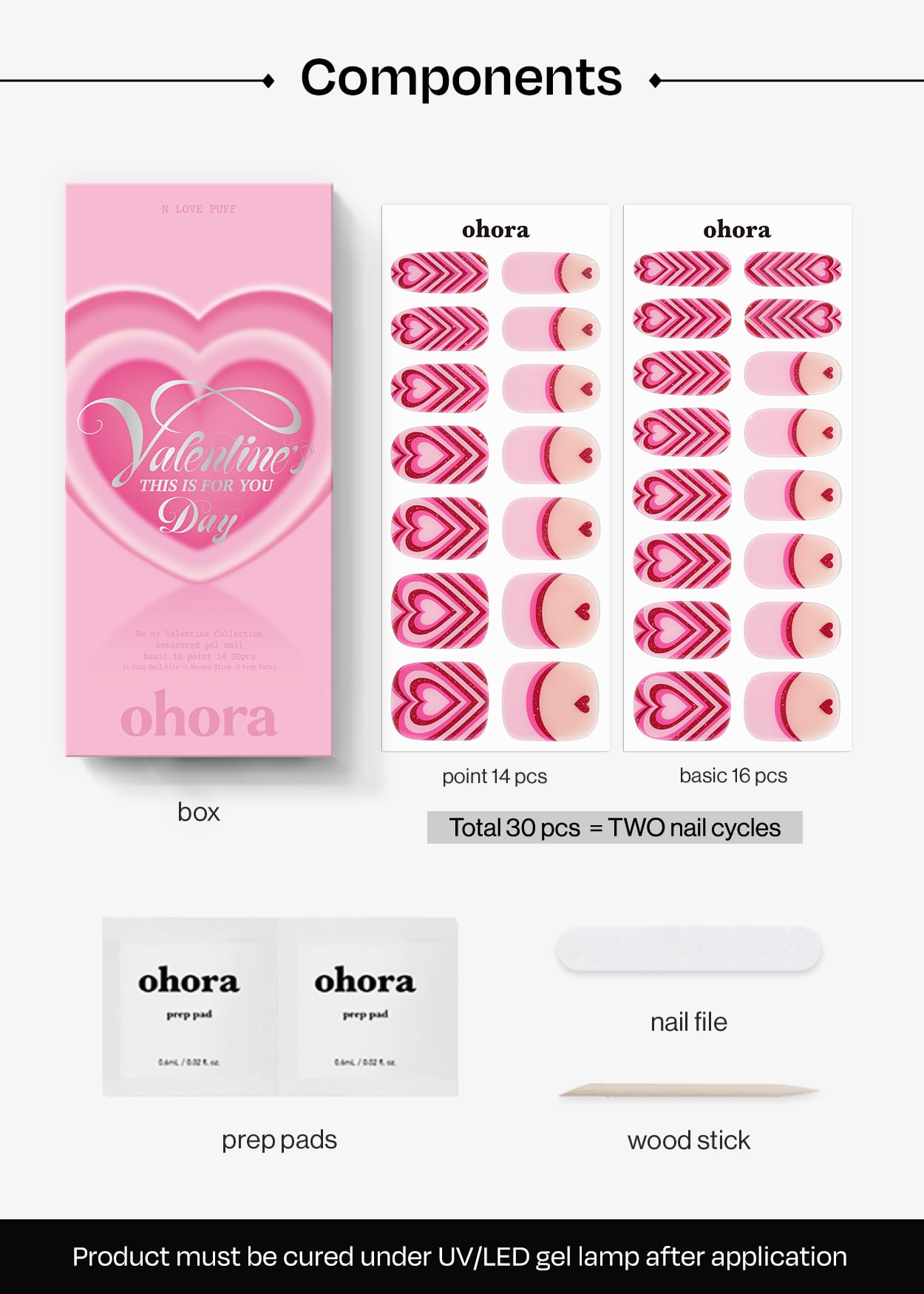 ohora Semi Cured Gel Nail Strips (N Love Puff) - Salon-Quality Valentines Nails, Works with Any Lamps, Long Lasting, Easy to Apply & Remove, Chip Resistant