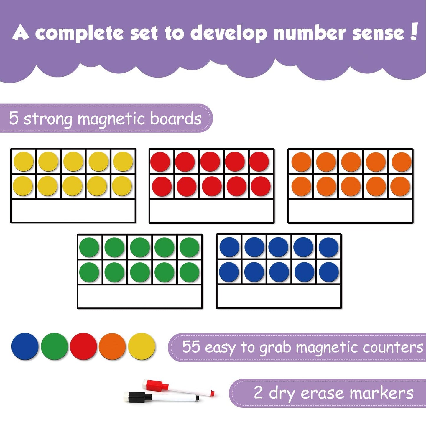 Torlam Magnetic Ten-Frame Set - Math Manipulative for Elementary - 5 Ten Frames & 55 Magnetic Counters for Kids, Kindergarten Math Games (Upgraded Version for Hand-held & 2 Black Pens)