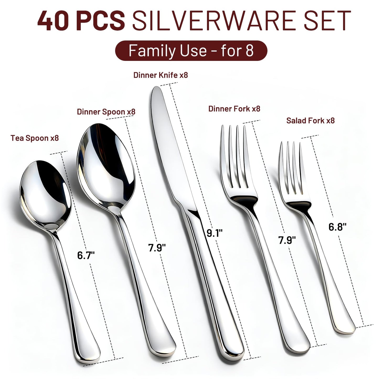 KIKCOIN 40 Pack Silverware Set for 8, Food-Grade Stainless Steel Flatware Set, Heavy Duty Mirror Polished Cutlery Utensils Set with Knives Spoons and Forks Set for Home Kitchen Restaurant Wedding