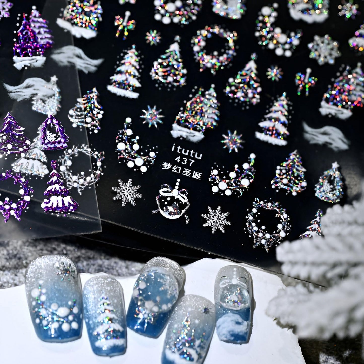 Christmas Nail Art Stickers 5D Embossed Snowflake Nail Stickers Xmas Tree Design Nail Decals Aurora Silver Nail Art Supplies for Women Acrylic DIY Nail Decorations