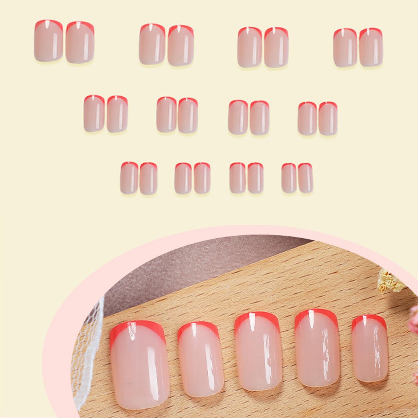 IMSOHOT Press on Nails Short Square Fake Nails Coral Pink French Tips False Nails Squoval Glossy Acrylic Full Cover Nude Artificial Stick on Nails for Women Girls 24Pcs