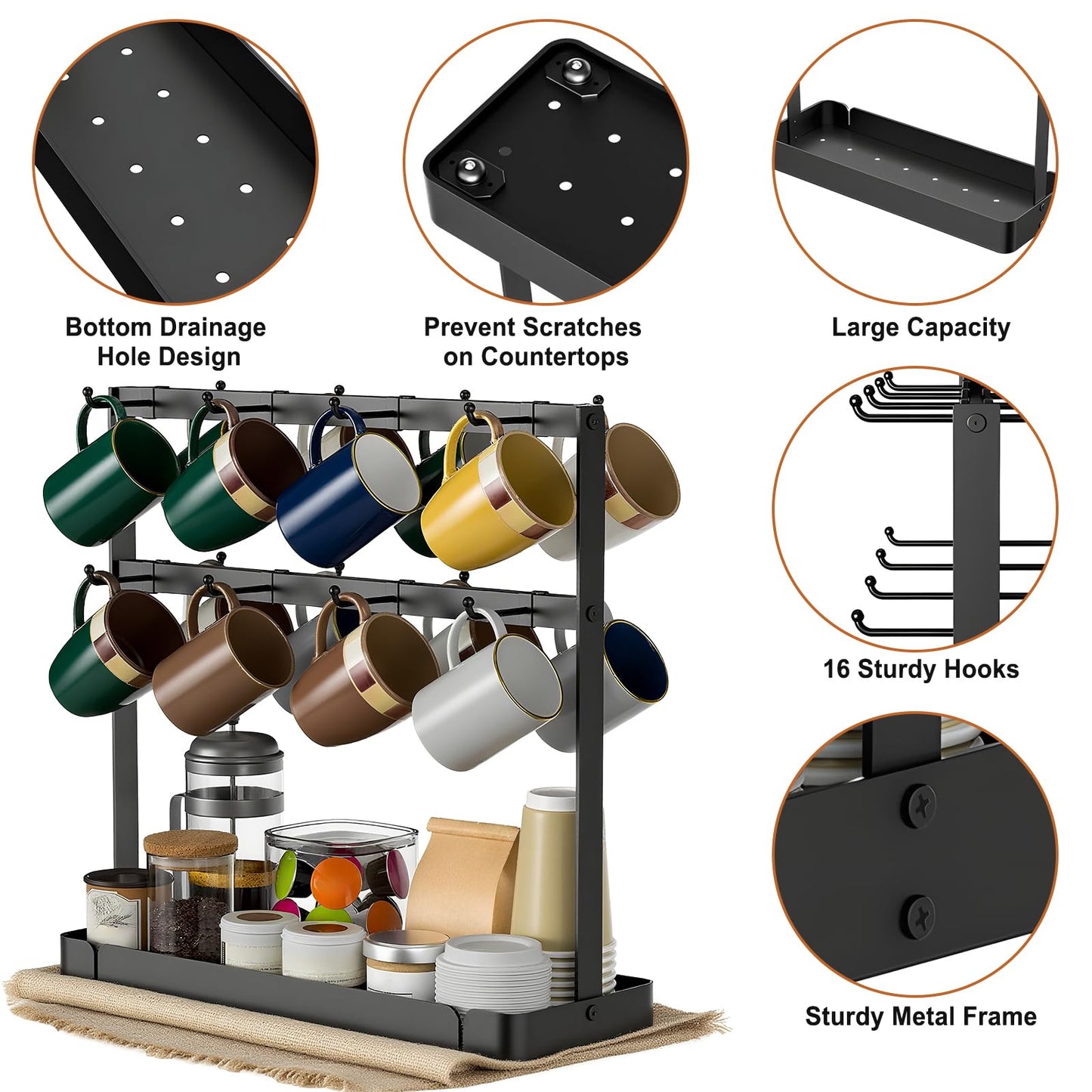 CWYEYE Coffee Mug Holder for Countertop, Cup Holder Rack with Slidable 16 Hooks, Large Mug Holder with Storage Base for Coffee Bar, Kitchen, Dining Room - Black