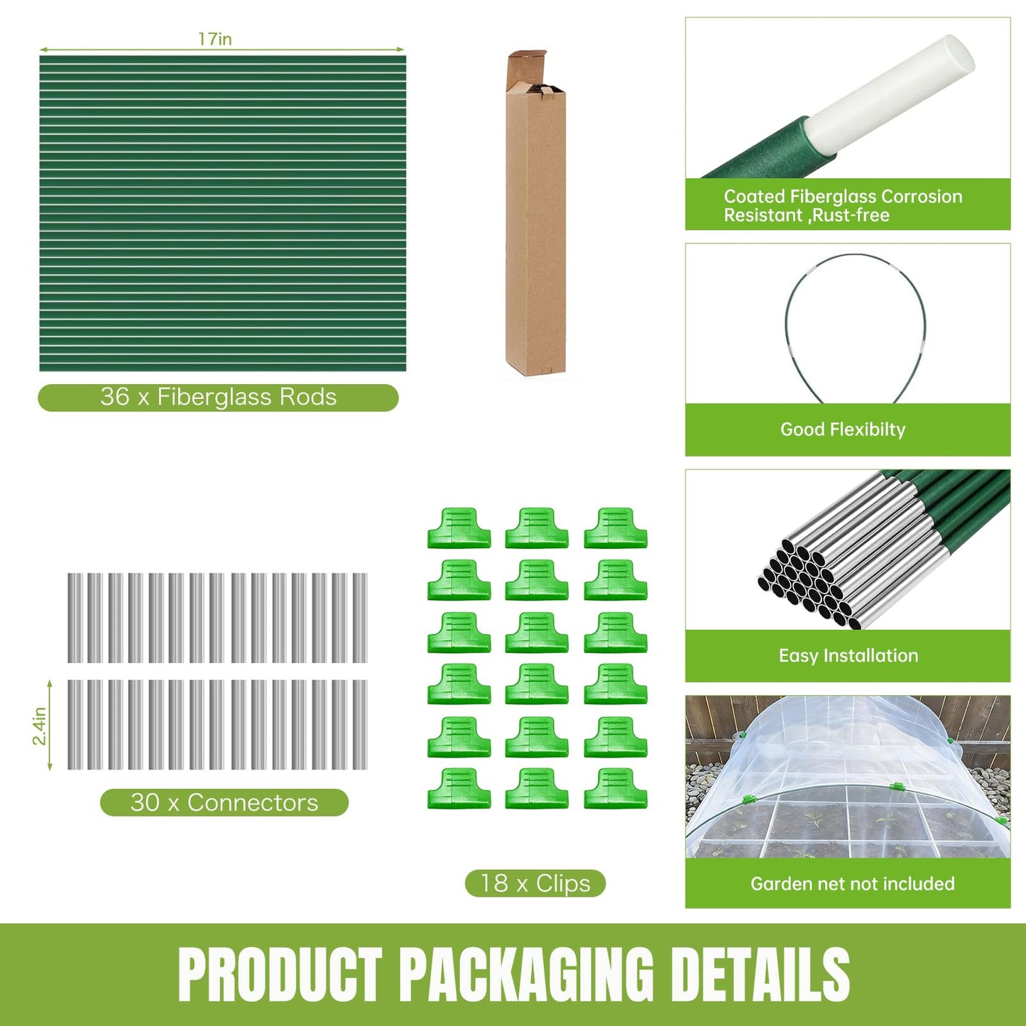 Gardynex 36 PCS Garden Hoops for Raised Beds, Rust-Free Plastic Coated Fiberglass Greenhouse Hoops, DIY Garden Tunnel Kit for Netting & Row Cover, Flexible Plant Support Stakes for Garden