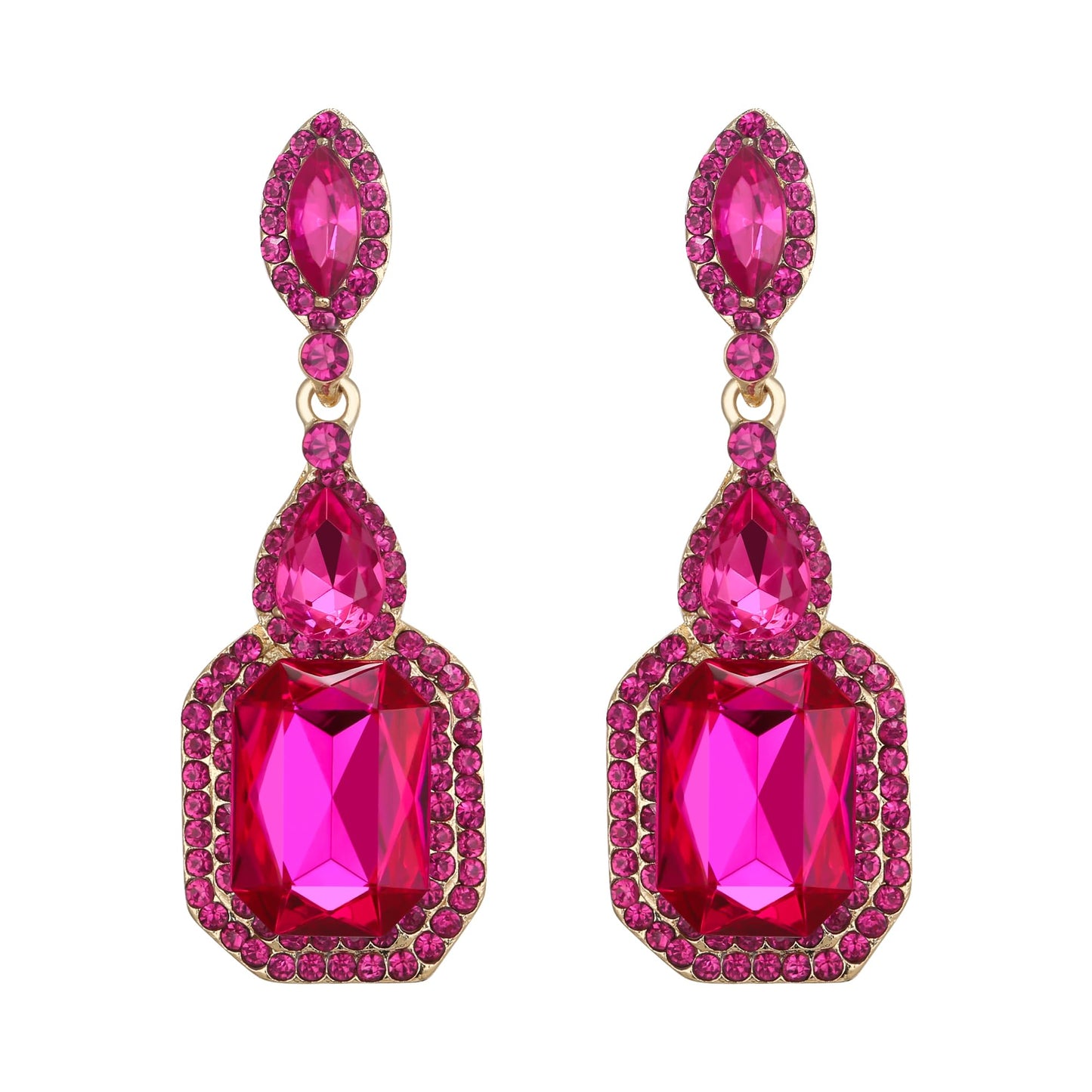 BriLove Wedding Bridal Dangle Earrings for Women Emerald Cut Crystal Infinity Figure 8 Chandelier Jewelry Hot Pink