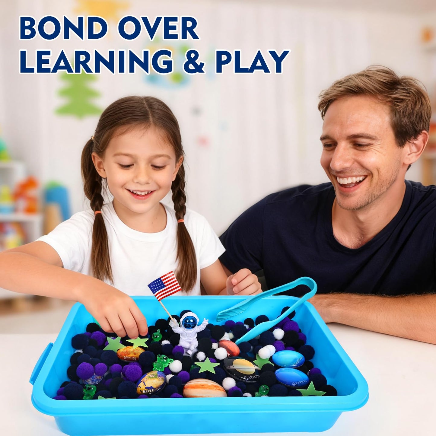 Losnakt Space Sensory Bin for Toddler, Science Themed with 8 Planets & Star Map, No-Mess Soft Pom Poms for Preschool Learning, Gifts for Boys Girls Age 3 4 5 6+