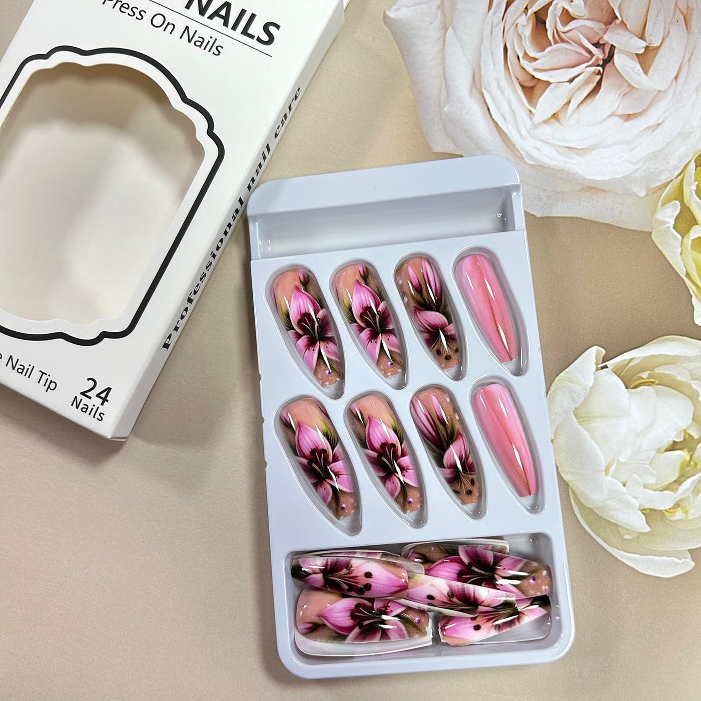 Flower Press on Nails Medium Length Pink French False Nails Lily Floral Design False Nails Full Cover Glossy Acrylic Nails Ballet Shaped Artificial Stick on Nails Reusable Glue on Nails for Women