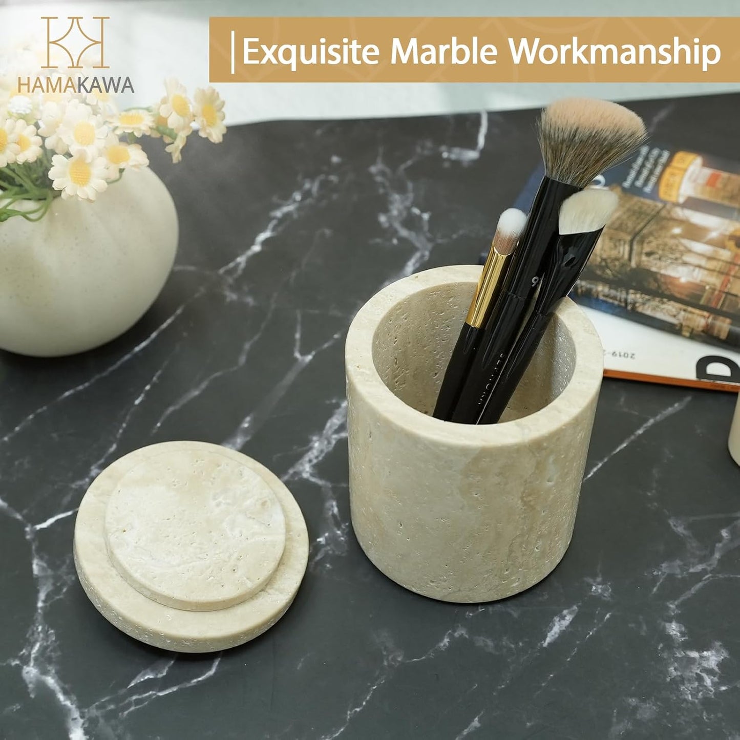 Qtip Holder With Marble cover, Beige Travertine Cotton Swab Jars 4 Inch, Modern Round Marble Canister, Small Apothecary Storage Jars for Bathroom, Bedroom, Vanity, Kitchen Cabinet