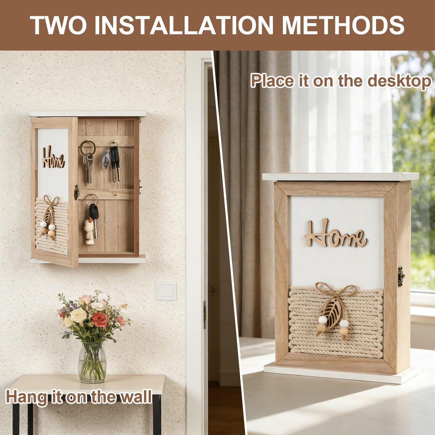 GMPAJHL Key Holder for Wall, Rustic Wooden Wall Mount Key Box with 6 Hooks, Farmhouse Key Storage Organizer Key Rack for Entryway Hallway Office, Boho Home Decor
