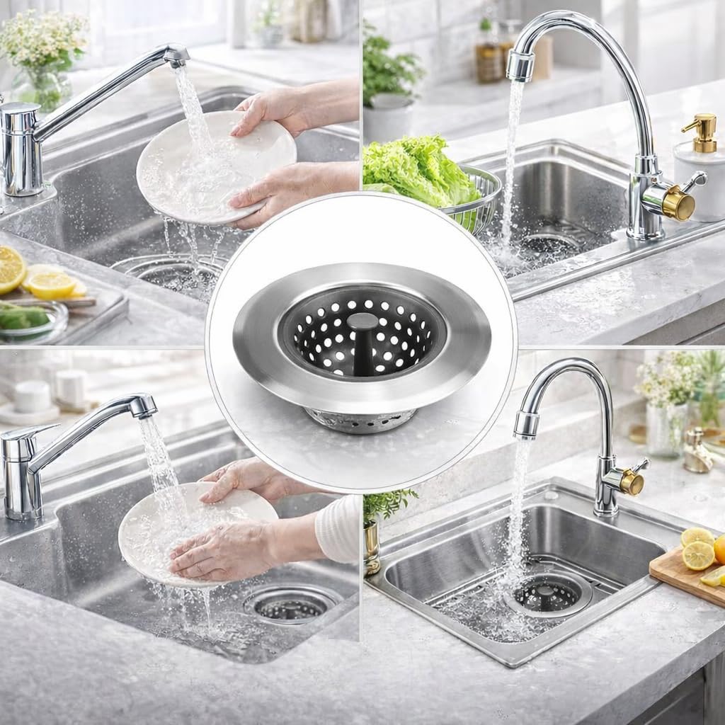 2 Pack Silicone Sink Drain Strainer, Flexible Kitchen Sink Strainer Basket with Metal Rim, 4.5 Inch Drain Catcher & Food Stopper, Free Shower Drain Cover