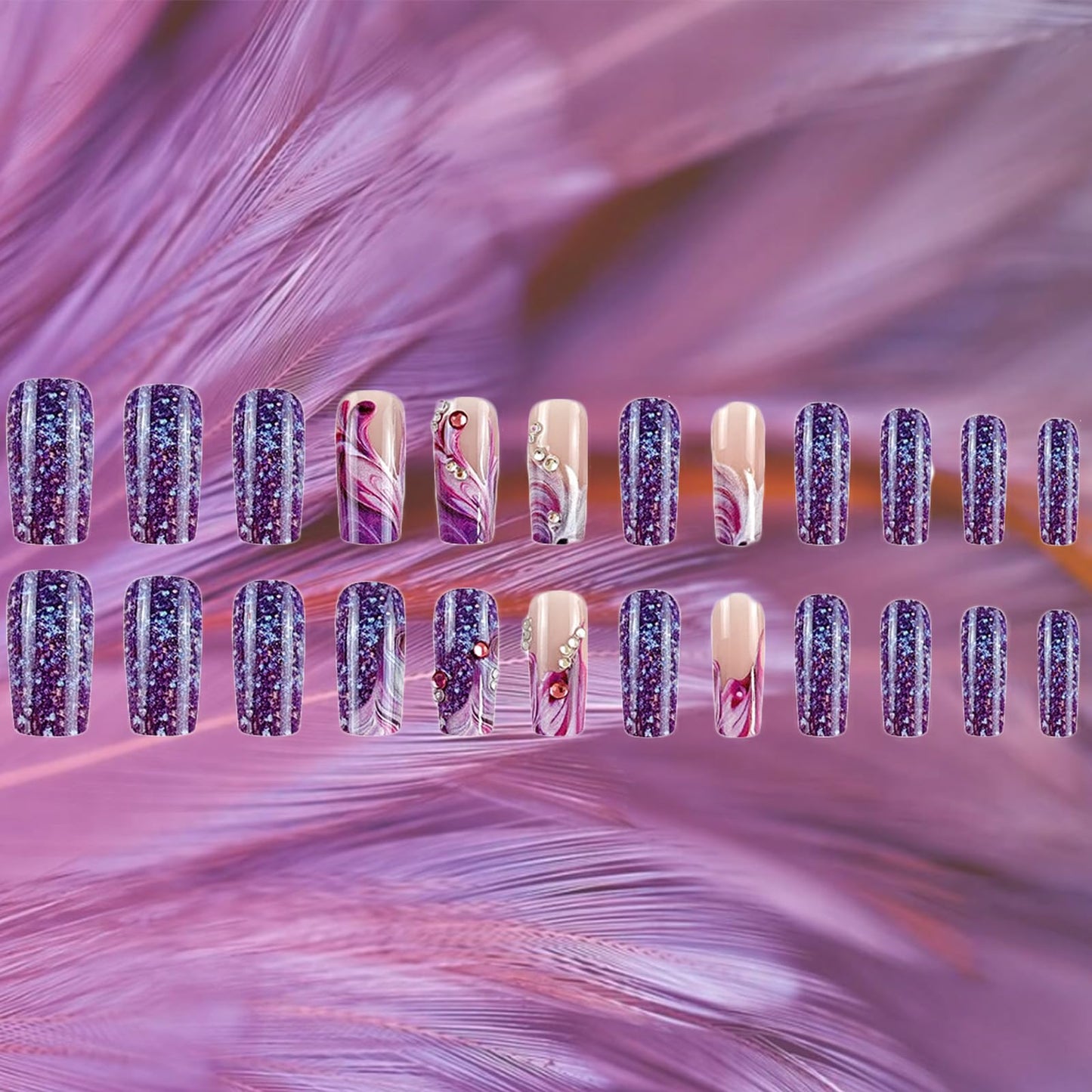 24Pcs Purple Press on Nails Medium Square Fake Nails with Rhinestone Designs Spring False Nails Purple Glitter Acrylic Nails Glossy Glue on Nails Full Cover Stick on Nails for Coquette Women