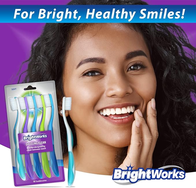 BrightWorks Dazzling Clean Manual Toothbrush (10 Pack), Soft, Bristles Designed to Clean in Between Teeth. Great for Sensitive Teeth or Sensory Issues (multiple colors).