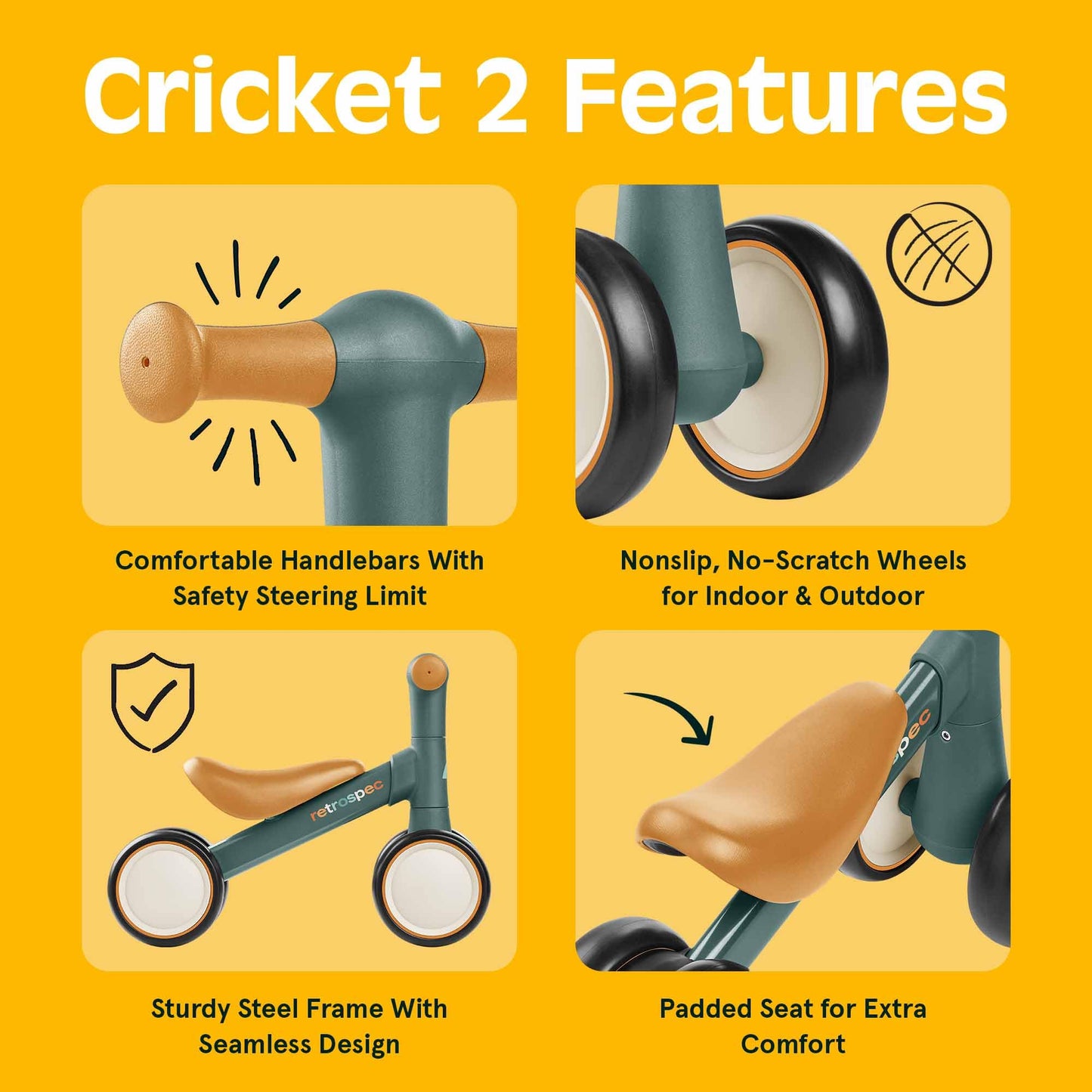 Retrospec Cricket Baby Walker Balance Bike with 4 Wheels for Ages 12-24 Months - Toddler Bicycle Toy for 1 Year Old’s - Ride On Toys for Boys & Girls