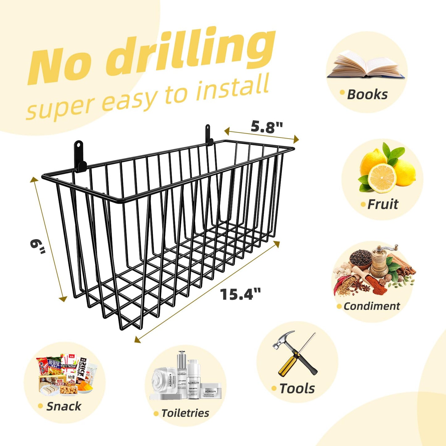 Simple Trending 6 Pack Wire Basket Wall Mount Baskets Hanging Baskets, Cabinets Organizer and Storage with Hooks for Kitchen, Garage and Bathroom