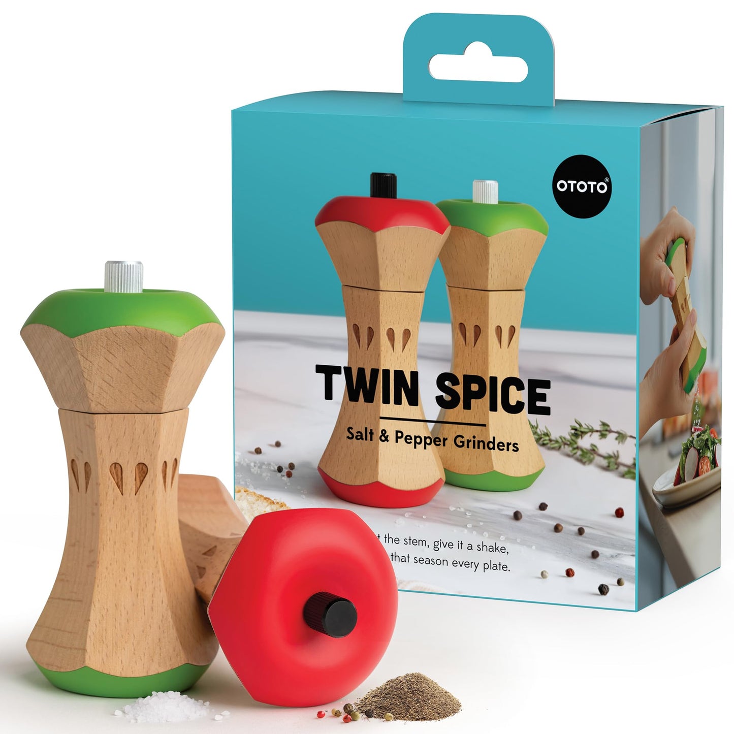 OTOTO Twin Spice Salt and Pepper Grinder Set - Apple-Designed Unique Kitchen Gadgets, Cute Kitchen Accessories, Pepper Spice Grinder, Salt and Pepper Shakers Set, Apple Gift, Kitchen Cooking Gifts